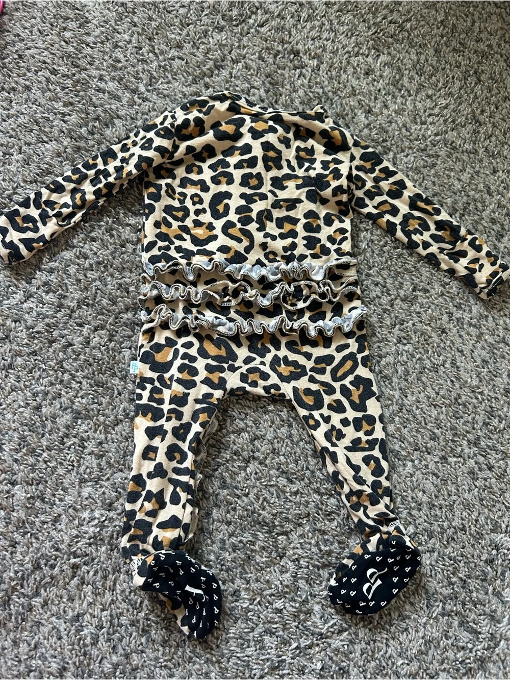 Posh Peanut Leopard Print Ruffle Footed Pajamas - Cream, Brown, Black